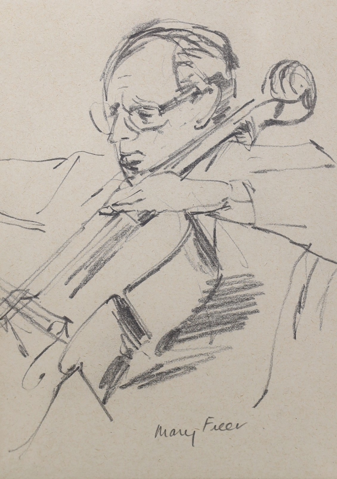 Mary Freer, pencil drawing, 'The Cellist', signed, 19 x 13cm and a David Henderson drawing, Study for Jack, 17 x 13cm, both with 1985 RA Summer Exhibition labels verso